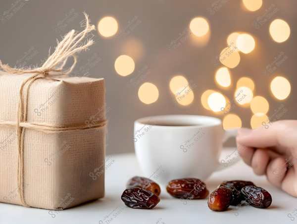 The image shows a gift box wrapped in brown paper and tied with string, alongside a white cup held by a hand. On the table, there are some glossy brown dates. In the background, warm glowing bokeh lights are visible.