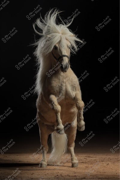 An image of a brilliant white horse rearing up against a dark black background. The horse's abundant mane flows around its face and neck, adding a sense of movement and energy to the image. The ground is brown, highlighting the horse prominently in the foreground.