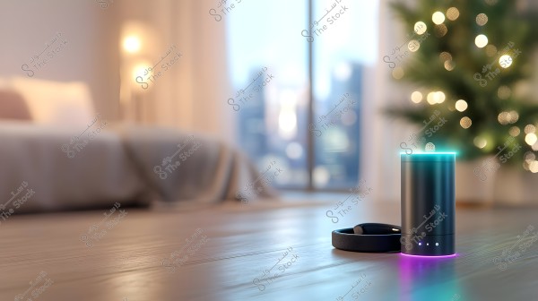 The image shows a modern bedroom with a large window overlooking a cityscape at night. In the foreground, there is a small smart device with multi-colored LED lights and a glowing circular light on a wooden floor. In the background, a decorated Christmas tree with twinkling lights is visible.
