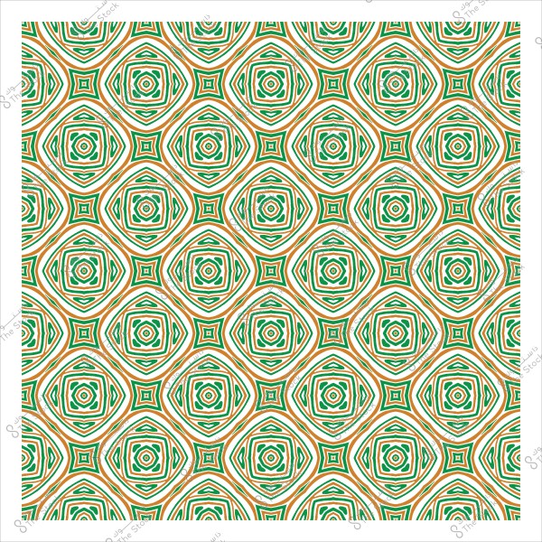 نمط زخرفي مكرر بتصميم هندسي بألوان خضراء وبرتقالية على خلفية بيضاء.