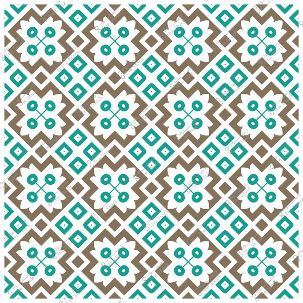 Geometric decorative pattern with a repeating design using green and brown colors with triangular and circular shapes.