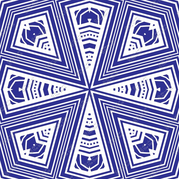 نمط هندسي متماثل باللونين الأزرق والأبيض يتكون من أشكال ثلاثية وزاوية متكررة تلتقي في المركز. التصميم يعكس تكرار أنماط معقدة بأبعاد متداخلة متنوعة بين الأشكال الهندسية والخطوط المتوازية.