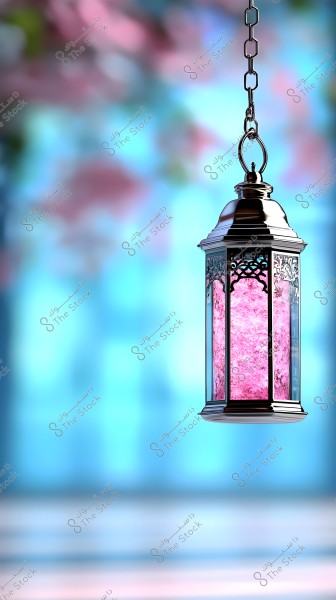 A decorative metal lantern with pink glass, hanging by a chain against a blurred background that transitions from blue to pink, creating a sense of calm and traditional aesthetics.