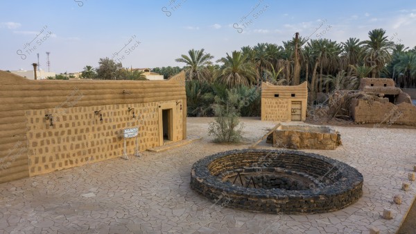 An outdoor historical area featuring traditional buildings made of mud and stone, with a circular well built from black stones prominently in the foreground. Dense palm trees in the background evoke a desert environment. The sky is clear and blue, enhancing the beauty of the location.