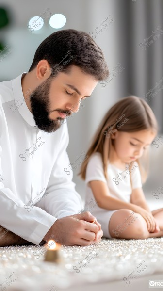 A man in a white thobe sits next to a young girl wearing white clothing in a softly lit room. The focus is on the man, who appears contemplative with his hands clasped, while the girl sits quietly. A small lit candle is in the foreground on a surface that appears adorned with sparkly decorations. The background is blurred with some faint lights.