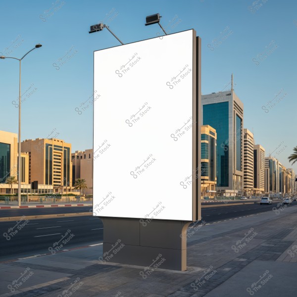 A large, empty billboard is prominently displayed on a sidewalk of a busy street in a modern city. High-rise buildings with glass panels and contemporary architectural designs are seen in the background. The main road has a few cars, and there are streetlights and palm trees along the sidewalks.