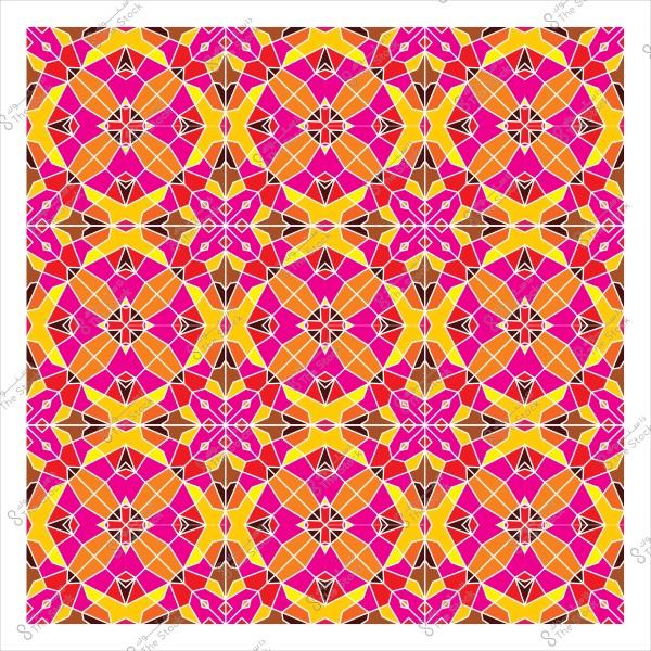 تصميم فسيفسائي ملون يتميز بأشكال هندسية بألوان زهرية وبرتقالية وصفراء.