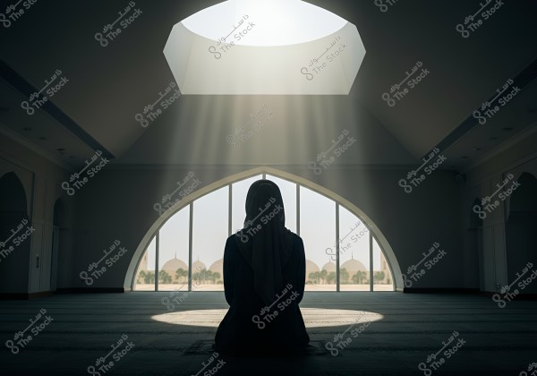 Image of a person sitting in a prayer position inside a modern, elegantly designed mosque. Sunlight streams through the ceiling, illuminating the figure and reflecting on the carpeted floor. In the background, large windows reveal a view of multiple domes and minarets, suggesting the location might be in the Middle East.