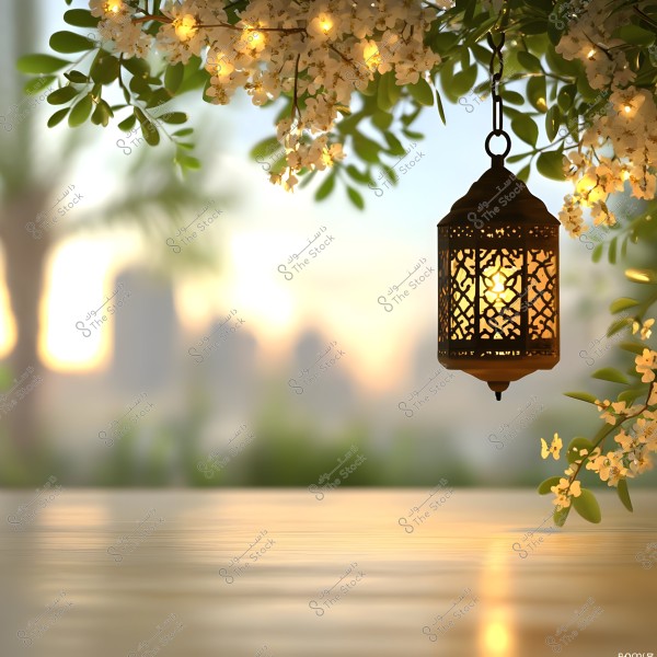 A traditional Arabic lantern hanging among blossoming green branches with soft lighting during sunset. The background features a blurry natural scene with trees and palm silhouettes in the distance, creating a warm and serene atmosphere.