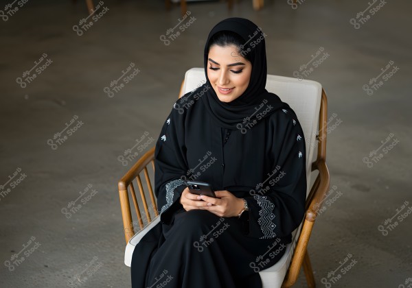 A portrait of a woman sitting on a wooden chair, looking at her phone. She is wearing a traditional black abaya with embroidery on the sleeves and a black hijab. She appears to be smiling in an indoor setting with a gray floor.