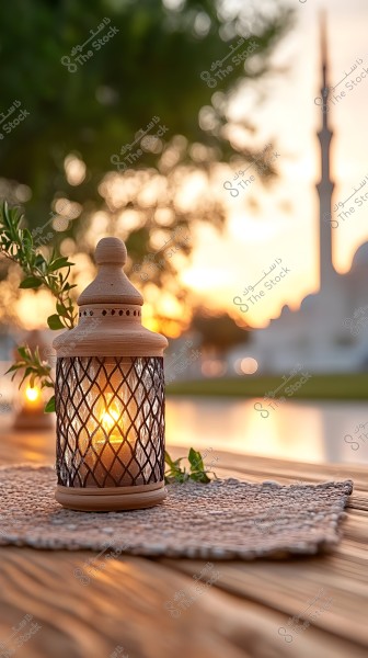 An image of an ornate lantern lit up on a wooden table during sunset. In the background, a mosque is visible with a minaret reflecting the golden light of the setting sun. The scene appears calm, featuring natural details like green foliage on the table.