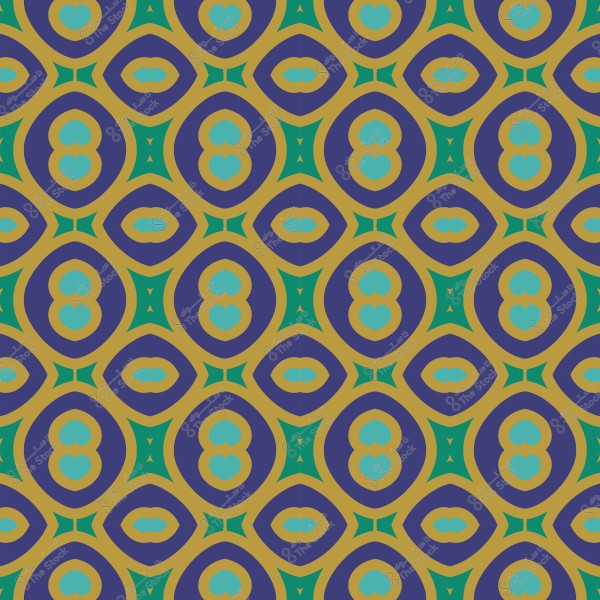 Ornate pattern featuring circular shapes in various colors, including light blue, green, and dark blue, set against a cream background.