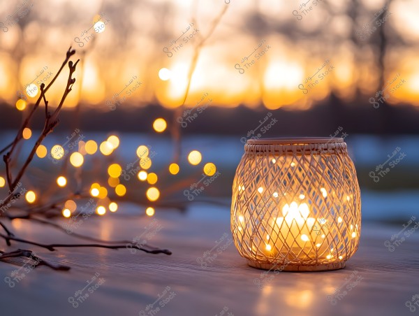 An image of twinkling lights in a blurry background at sunset. In the foreground, a lit woven lantern sits on a wooden surface with tree branches extending from the left. Warm colors dominate the scene.