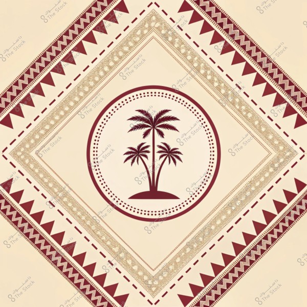 تصميم زخرفي يجمع بين الأنماط التقليدية والنخيل. المركز يحتوي على دائرة كبيرة بداخلها ثلاث أشجار نخيل, محاطة بزخارف هندسية مثلثية الشكل باللون الأحمر والبني على خلفية بيج فاتح.