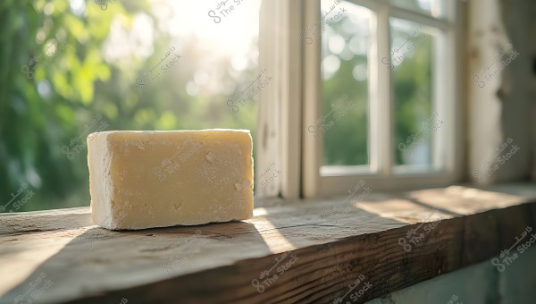 The image shows a block of cheese placed on a wooden windowsill. Sunlight streams through the window, adding warmth to the scene. In the background, blurry green trees are visible, suggesting a sunny day in the countryside.