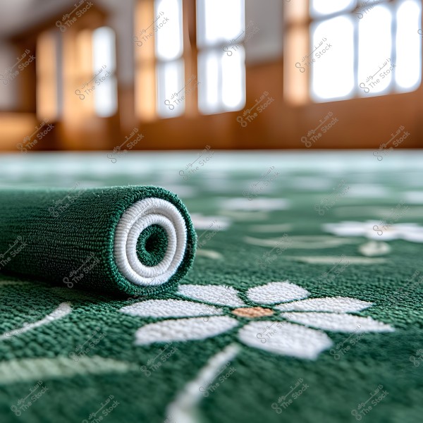 Image shows a partially rolled green carpet in a bright room with a floral pattern of white flowers. The background features large windows with sunlight streaming through, creating an atmosphere of calmness and peace.