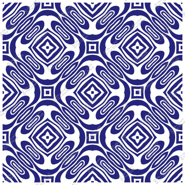 نمط هندسي متكرر باللونين الأبيض والأزرق الداكن يتضمن أشكالاً متماثلة من الألماسات والخطوط المنحنية.