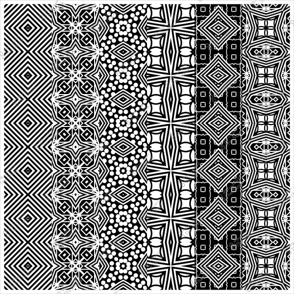 صورة لأنماط زخرفية بأشكال هندسية مختلفة بالأبيض والأسود تتكون من خطوط معقدة ونقاط وأشكال ماسية.