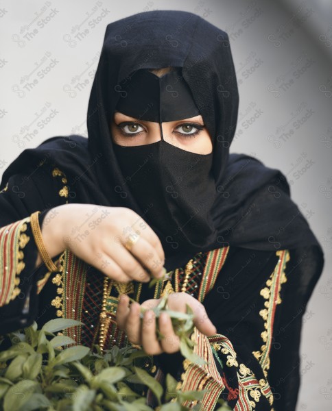 A shot of a Saudi woman wearing the traditional Saudi dress and holding tree leaves in her hand. Folklore, foundation day, represents the Saudi culture