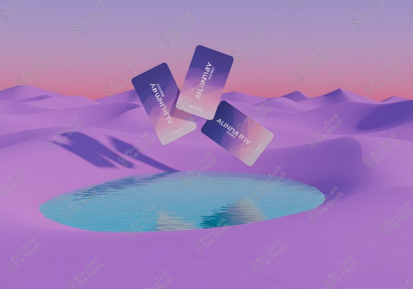 An image of a surreal landscape featuring three cards floating above a blue lake in the center of a desert-like scene with purple and pink hues. The background includes rolling sand dunes under a sky with gradients of orange and purple.