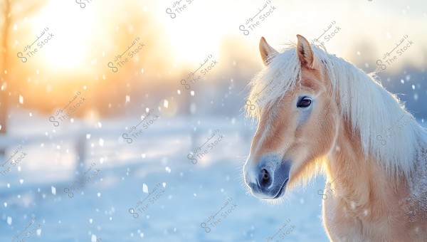 An image of a horse with blonde hair standing in a winter scene with snowflakes falling around. The horse is shown in the soft sunlight of either sunrise or sunset, adding a warm beauty to the cold, snowy landscape.