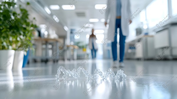 An image illustrating a molecular model of DNA on a table in a modern laboratory. In the background, two individuals wearing white lab coats are walking within the lab, with potted green plants visible on the left side.