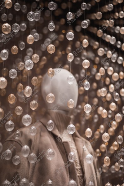 A headless mannequin wearing a beige coat, behind hanging decorations consisting of translucent, interwoven circles.