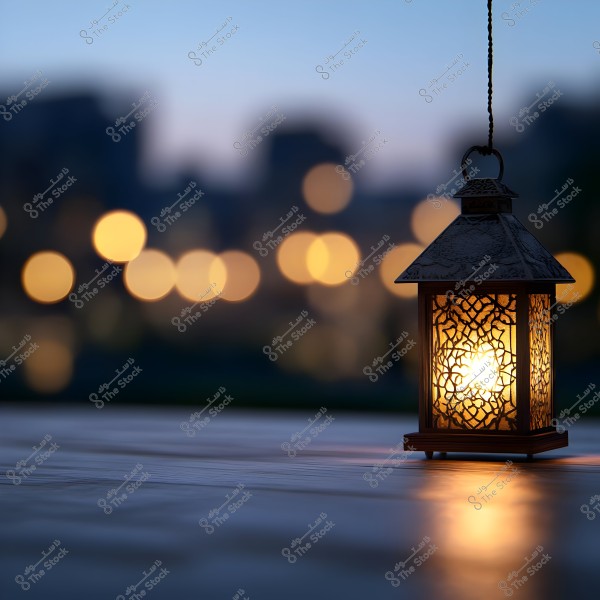 The image shows a lit lantern with an oriental design hanging in the air at sunset. The background features blurred lights from distant buildings, creating a calm and beautiful effect.