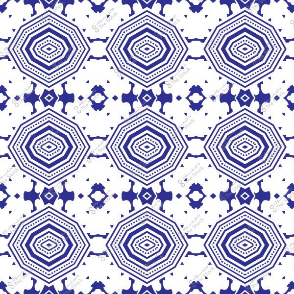 نمط زخرفي متماثل باللون الأزرق والأبيض يتضمن أشكالاً هندسية متعددة الأضلاع متداخلة مع تفاصيل نقطية. التصميم يحتوي على تكرار للأشكال السداسية المحاطة بزخارف أخرى, مما يخلق تأثيراً بصرياً جذاباً.