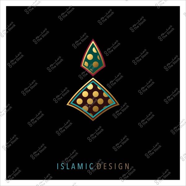 تصميم ملون بتأثير ذهبي يضم أشكالًا هندسية على خلفية سوداء. الشكل العلوي يشبه ورقة شجر بلون أخضر داكن مع نقاط ذهبية, محاط بخطوط حمراء, بينما الشكل السفلي مربع مائل بألوان ذهبية وبنية مع نقاط ذهبية. يوجد في الأسفل نص باللون الأزرق والذهبي "ISLAMIC DESIGN".

-