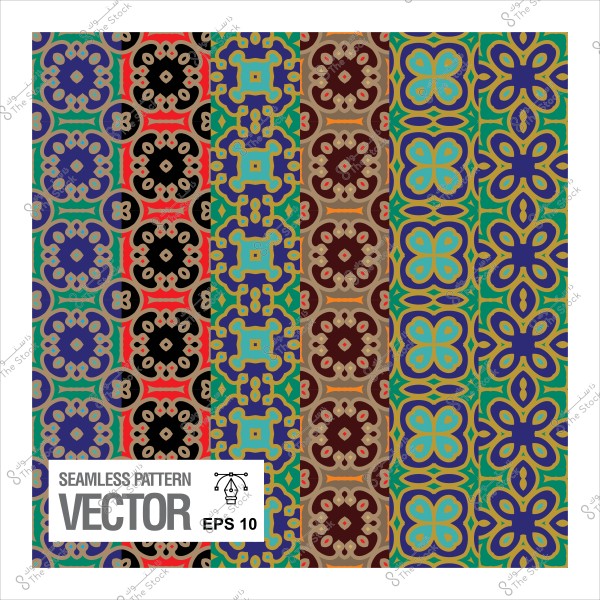 Colorful geometric patterns with multiple colors, featuring repeating circular shapes and traditional motifs.