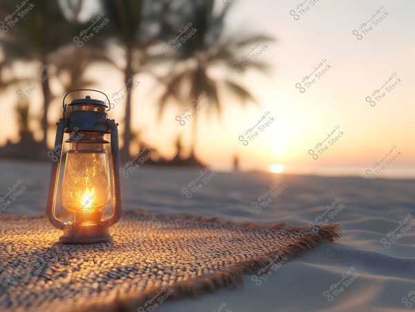 A lit lantern on a woven mat placed on beach sand at sunset. Palm trees appear in the background with the sun setting over the horizon, creating a calm and warm ambiance in the scene.