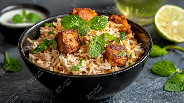 Image of a black bowl filled with basmati rice topped with fried pieces of meat or chicken, garnished with fresh mint leaves. In the background, there is a half lime and a drink, with a small bowl of white sauce garnished with mint leaves.