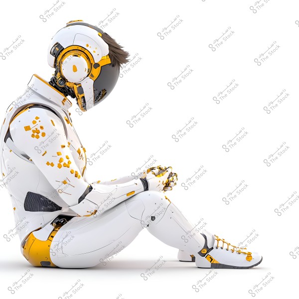 An image of a futuristic robot sitting on the ground in a contemplative pose. The robot features an intricate design in white and gold, with detailed joints and a head equipped with a black reflective helmet. The background is completely white, highlighting the robot\'s design clearly.