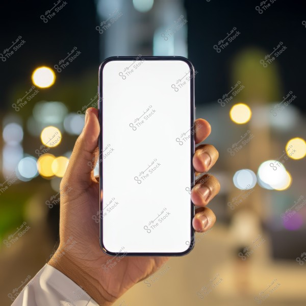 An image of a hand holding a smartphone with a glowing white screen at night, featuring a blurred background with colorful bokeh lights. The individual is wearing a white robe.