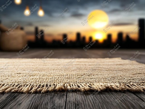 A rug made of natural fibers placed on a dark wooden floor, with a sunset over a blurred city skyline in the background. There are light fixtures resembling hanging bulbs in the upper left corner of the image.