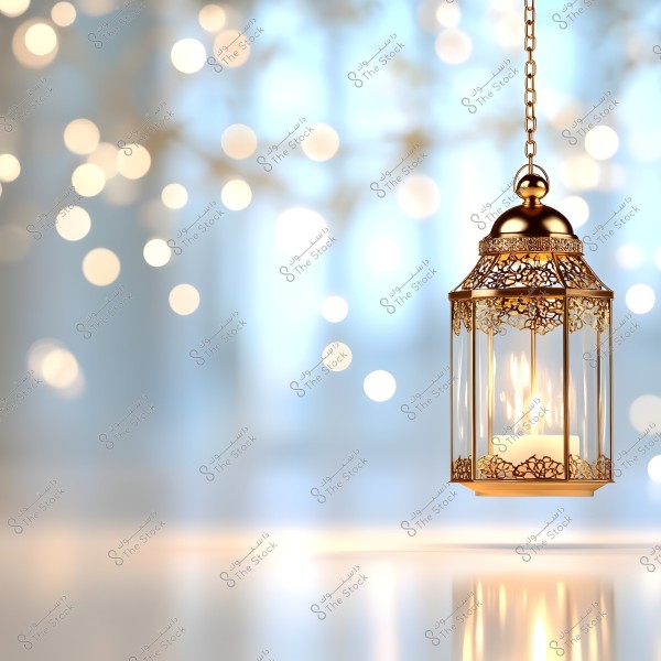 A hanging golden lantern with an intricate design, placed indoors in a well-lit room. The background features bright bokeh lights, creating a warm and serene atmosphere.
