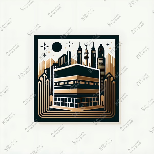 An artistic illustration depicting the Kaaba in a decorative style using black and gold colors, with a background featuring modern architecture and intricately designed mosque minarets. At the top, a crescent moon and stars are visible along with a black sun, adding a distinct spiritual and architectural theme.