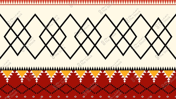 نمط هندسي تقليدي يتضمن أشكال ماسية سوداء متكررة على خلفية بيضاء. في الجزء السفلي, يحتوي التصميم على أشكال هندسية باللون الأحمر والأصفر والأبيض, تمثل الزخارف النجدية التقليدية من المنطقة السعودية.