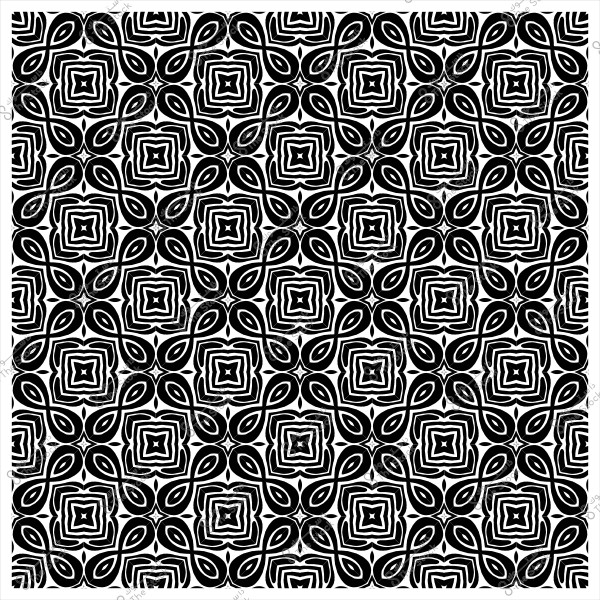 نمط هندسي أبيض وأسود متكرر يتميز بشكل أزهار وأشكال دائرية محاطة بخطوط متشابكة.