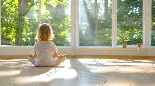An image of a child sitting on the floor in a meditation or yoga pose, wearing white clothes, in front of a large window with sunlight streaming in. Behind the window, there is a natural background of green trees and plants with a small flower pot on the ledge.