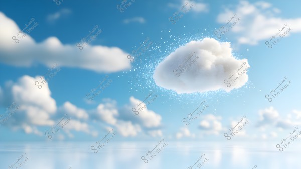 An image of a large white cloud hanging in the clear blue sky, surrounded by tiny glowing particles. Other scattered clouds appear in the background against the blue sky.
