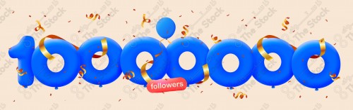 Banner with 10000000 followers thank you in form of 3d  blue balloons and colorful confetti. Vector illustration 3d numbers for social  media followers thanks