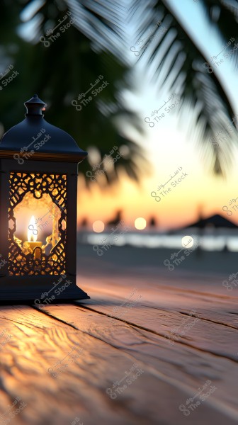 A decorative lantern lit by a candle on a wooden table, set against a beach sunset backdrop. Palm trees and silhouettes of sun umbrellas can be seen in the distant background, creating a serene and peaceful atmosphere.