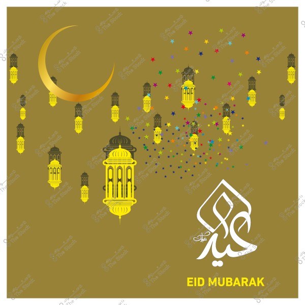 صورة تهنئة بالعيد تحتوي على هلال مزين وفوانيس ذهبية وكلمة \"عيد مبارك\" بالخط العربي.