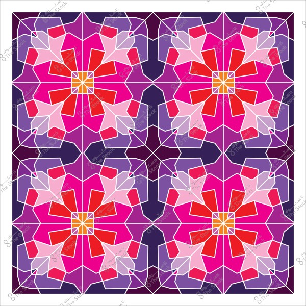 تصميم هندسي بزخرفة إسلامية بألوان زهرية وبنفسجية مع لمسات حمراء وبرتقالية.