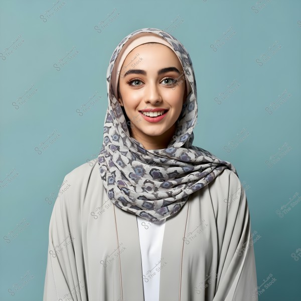 A portrait of a woman wearing a colorful patterned hijab and light-colored traditional clothing. The background is light blue, and the woman is smiling, looking directly at the camera. The image appears to be a portrait.