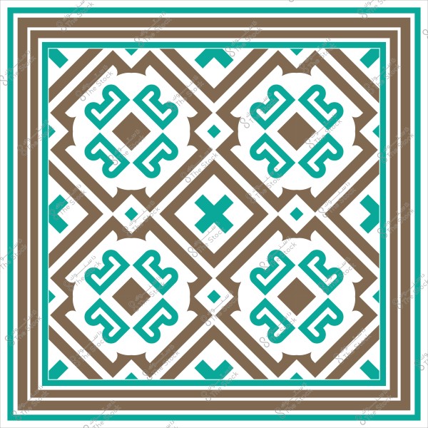 نمط هندسي بألوان فيروزي وبني وأبيض يشكل زخرفة متكررة.