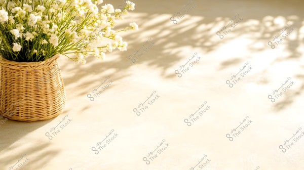 The image shows a wicker basket containing small white flowers, positioned in the bottom left corner. The flowers cast soft shadows on the sunlit sandy floor.