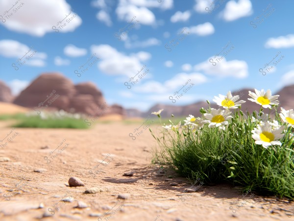 A desert landscape featuring a cluster of white daisies with yellow centers growing on dry sand. In the background, rocky hills and natural formations are visible under a clear blue sky with scattered white clouds.